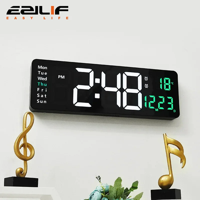 Large Digital Electronic Wall Clock LED Backlight Number Timepiece with Temperature Calendar Alarm Remote Control Decorative