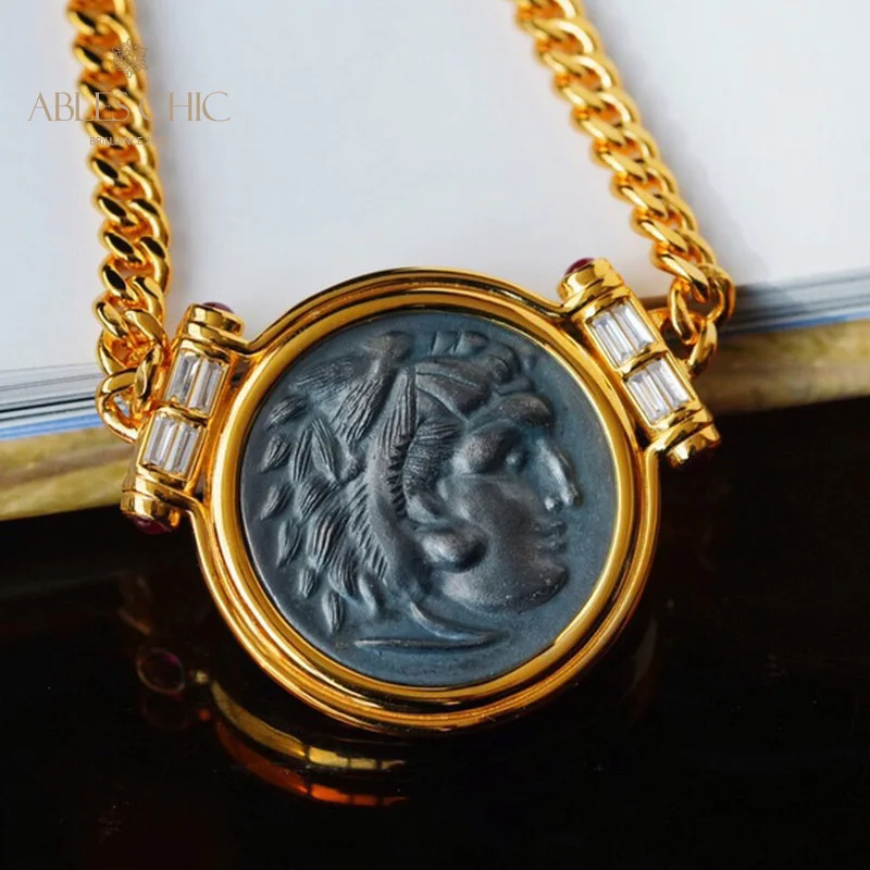 Ables Chic Byzantine Solid 925 Silver Greek Antique Coin Pendant Roman Sculptures 5A CZ Necklaces C11N3S26043