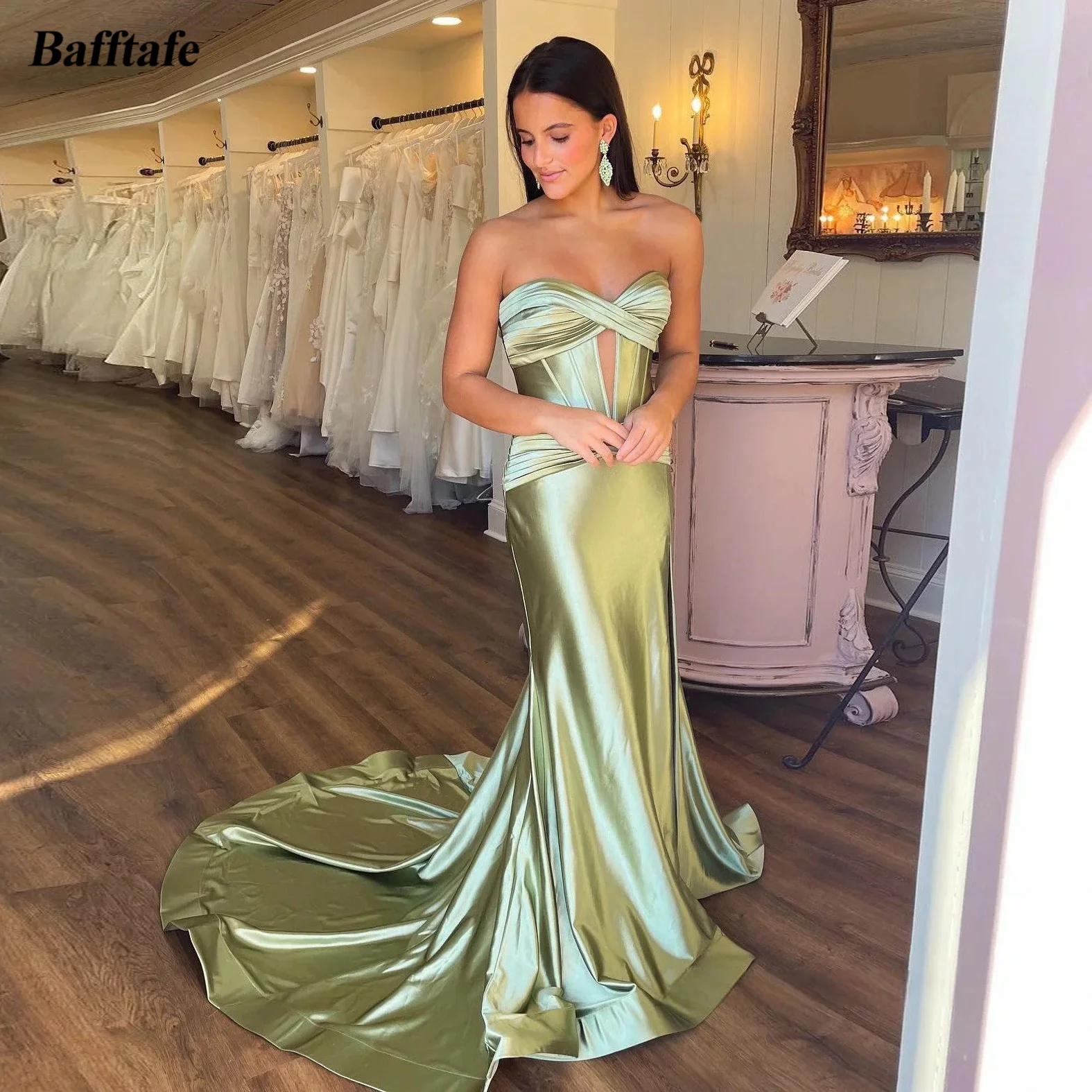 Bafftafe Mermaid Silk Satin Prom Dresses Women Open Leg Long Train Formal Party Evening Gowns Wedding Photo Dress Customized