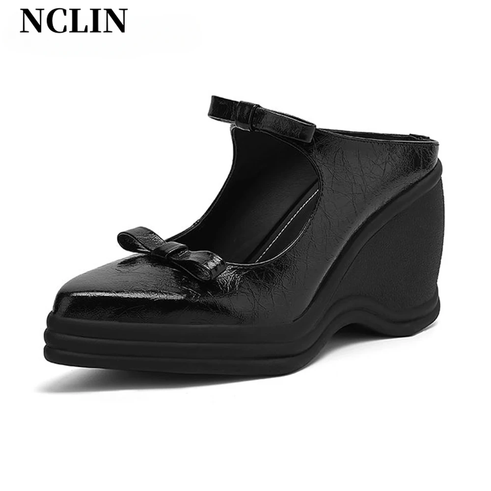 

NCLIN 2024 Mules Cow Skin Wedges Heels Butterfly-knot Summer Autumn Shoes Casual Luxury Platform Women Pointed Toe Pumps