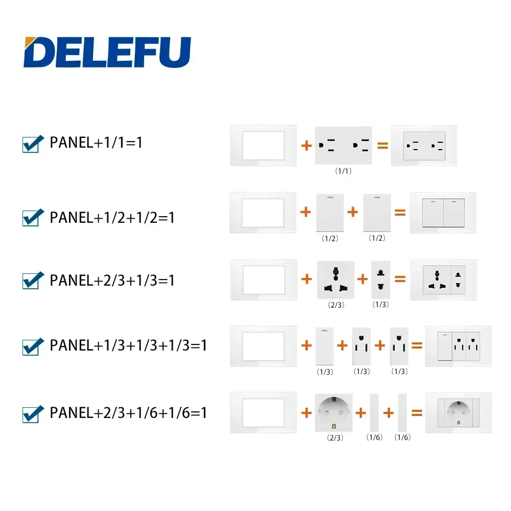 DELEFU 브라질 이탈리아 칠레 멕시코 표준 무료 조합 기능, USB C 타입 키, DIY 스위치 소켓, 4*2 블랙, 4*4 고속 충전