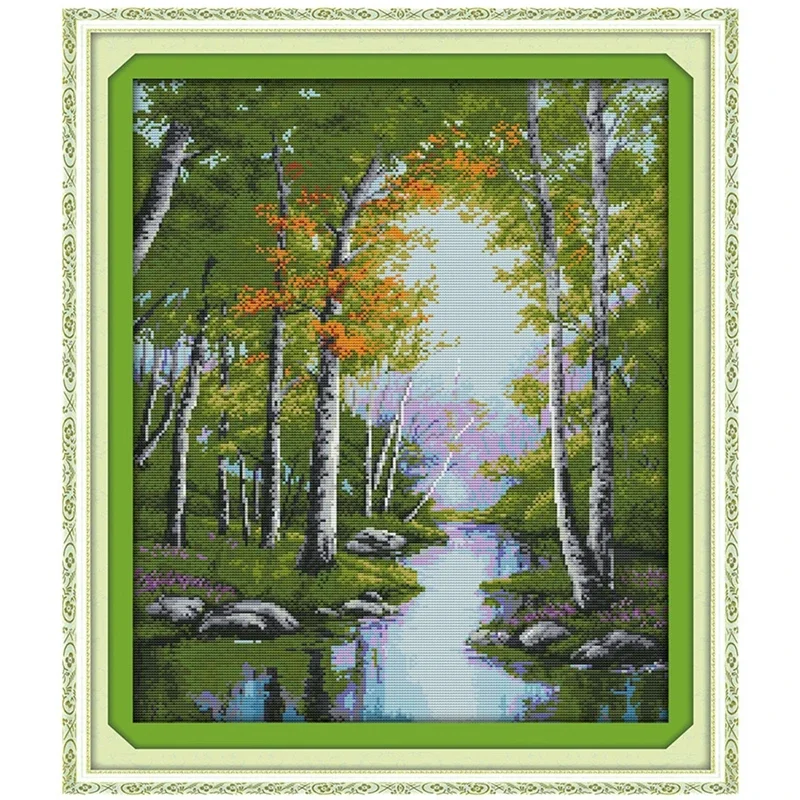 The stream autumn cross stitch kit forest river 18ct 14ct 11ct printed canvas DMC color cotton thread embroidery DIY handmade