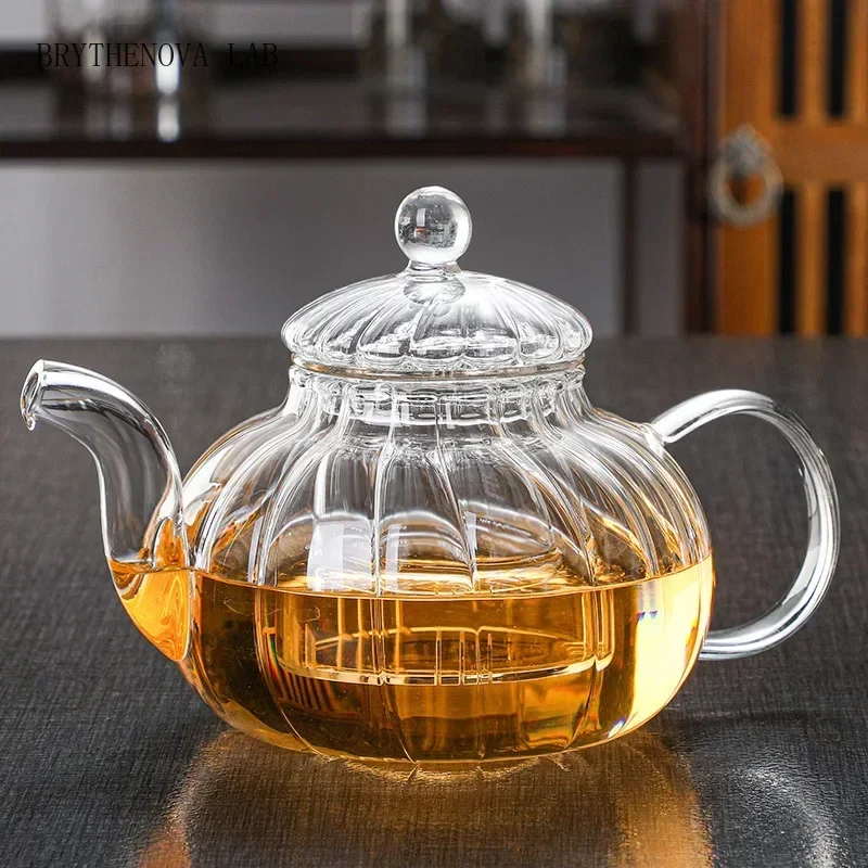 Heat-Resistant Transparent Glass Scented Teapot Complete Set, Kungfu Tea Filter, Striped Creative Pumpkin Pot, Glass Boil Water