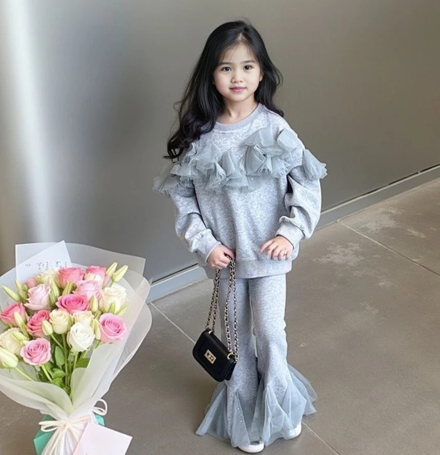 Spring Autumn Winter Girls Set 2026 New Fashionable Mesh Splicing Hoodie Flared Pants Two Piece Set for Girls