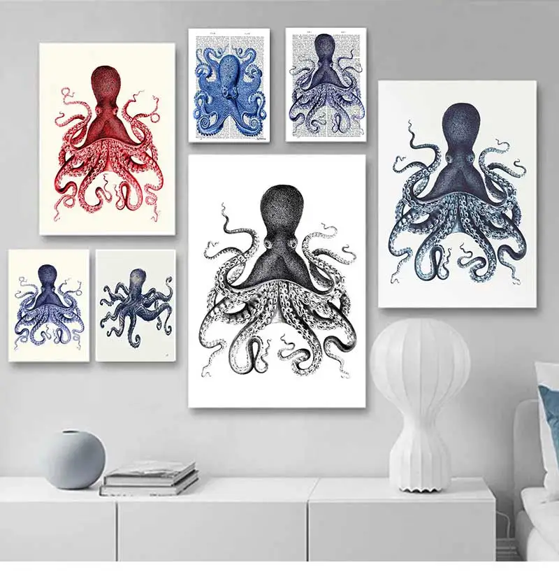 Poster Prints Nautical Coastal Wall Art Picture Antarctica Map Canvas Painting Home Wall Decor Kraken Octopus Tentacles Vintage