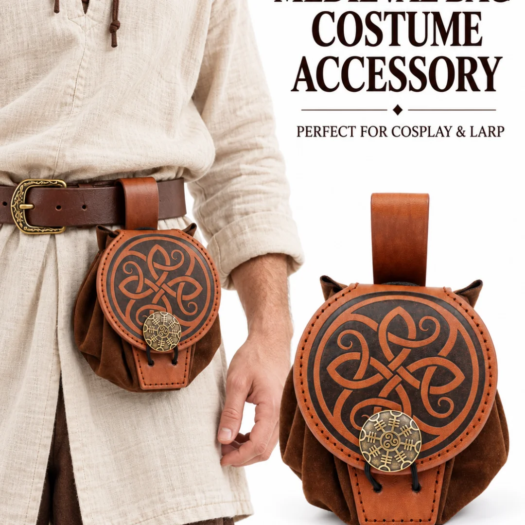 Halloween Medieval PU Leather Waist Pouch, Vintage Rivet Belt Bag Cosplay Costume Prop