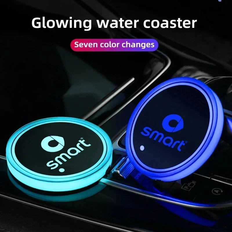 For Smart 451 Brabus Smart Fortwo 453 Forfour Accessories Car Luminous Water Cup Coaster 7 Colorful Car Led Atmosphere Light