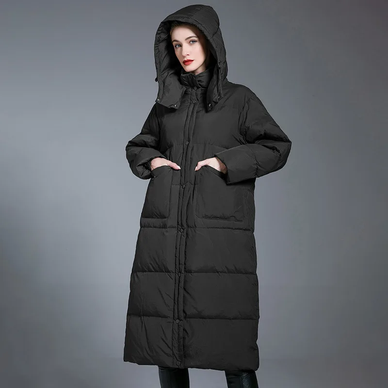 Women's Winter New Loose Fit Long Hooded 90 White Duck down Jacket Style Windproof Warm Outerwear Comfortable Casual Style