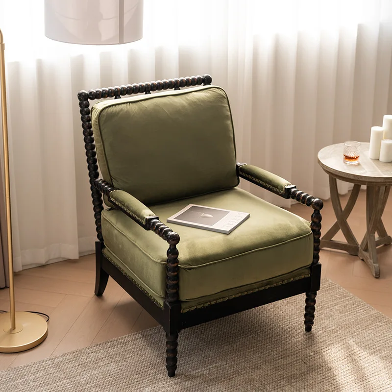 DSA retro leisure chair antique all solid wood fabric bedroom balcony living room single lazy sofa chair