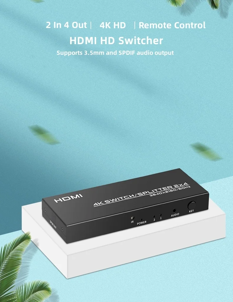 2 Inputs 4 Outputs with IR Remote 4K 60Hz 3D HDMI 2.0 Switch Splitter 2x4