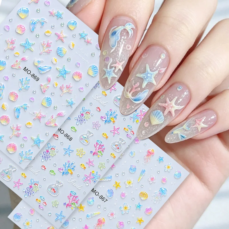 3pcs Summer Ocean 3D Nail Stickers Set Cute Jellyfish Shell Tiny Fish Coral Tail Conch Starfish Plumeria Seaside Nail Decals