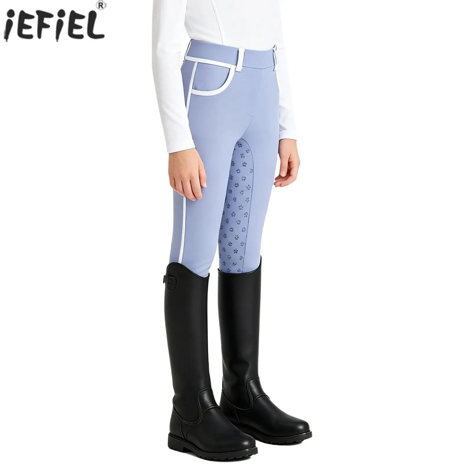 Kid Girls Horse Riding Sports Clothes Non-slip Full Seat Breeches Equestrian Pants Leggings with Pockets Schooling Riding Tights