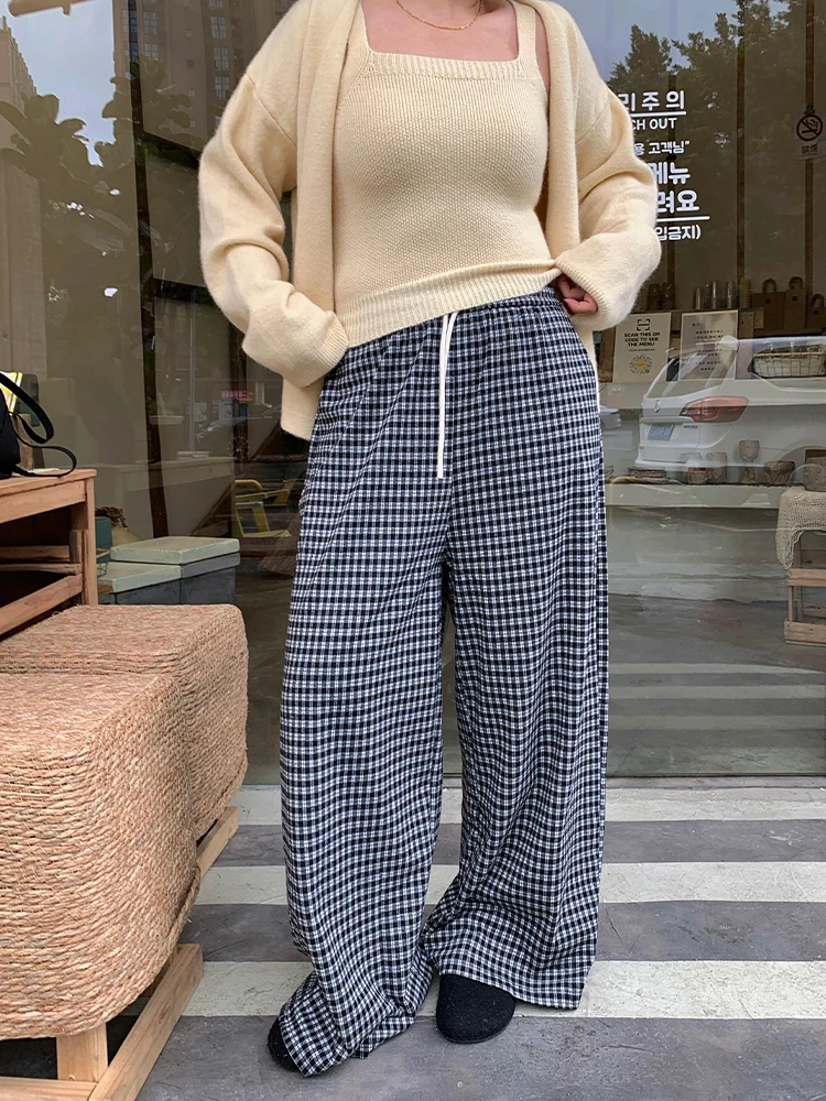 

High Waist Plaid Pants Women's plus Size Casual Wide Leg Floor Length Trousers Autumn 2025 New Sle Lin Daxiao