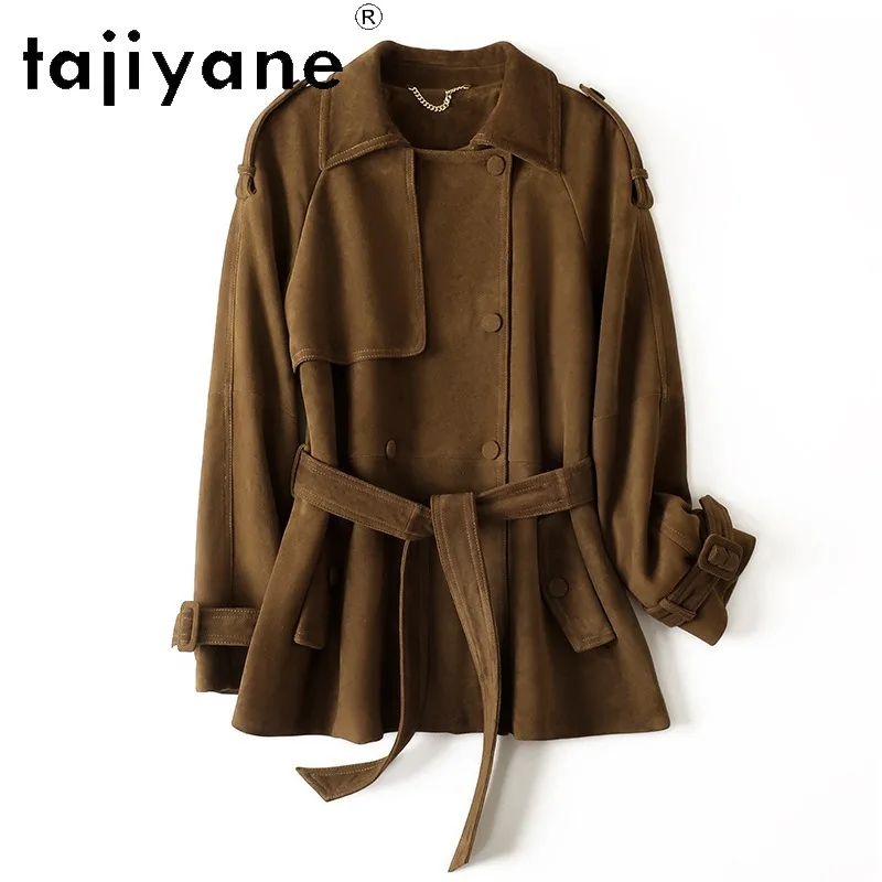 TAJIYANE Genuine Leather Jacket Women Belted Double Breasted Mid-length Trench Coat Top Layer Goatskin Suede Outerwear Jaqueta