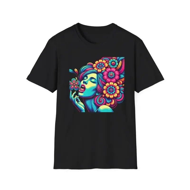Feminine 70's Retro Face Vibrant Floral Design Bohemian Style T Shirt Casual Wear Summer Outfit for Her Art Lover's Top