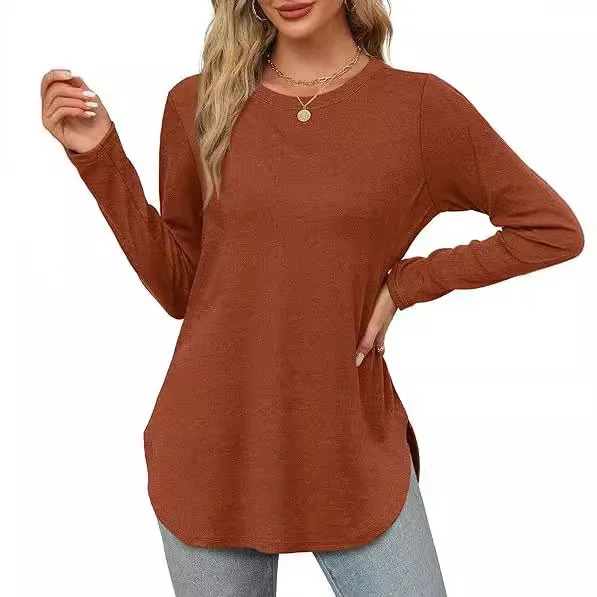 2024 Spring Autumn Women\'s Undershirt Solid Color Long Sleeved Top Round Neck Loose Casual Bottom Shirt Soft Comfy Top Women