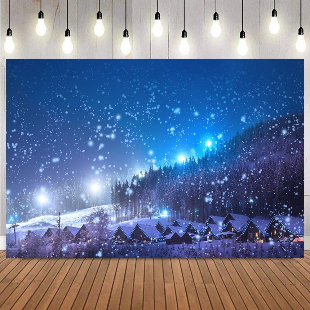 Winter Night Backdrop Wonderland Snow Forest Mountain Natural Landscape Christmas Party Decor Photography Background Photo