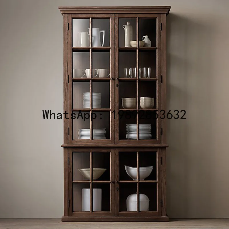 CZ American Country Style Solid Wood Bookshelf French Retro Wine Cabinet Small Apartment Glass Door Storage Cabinet view 4