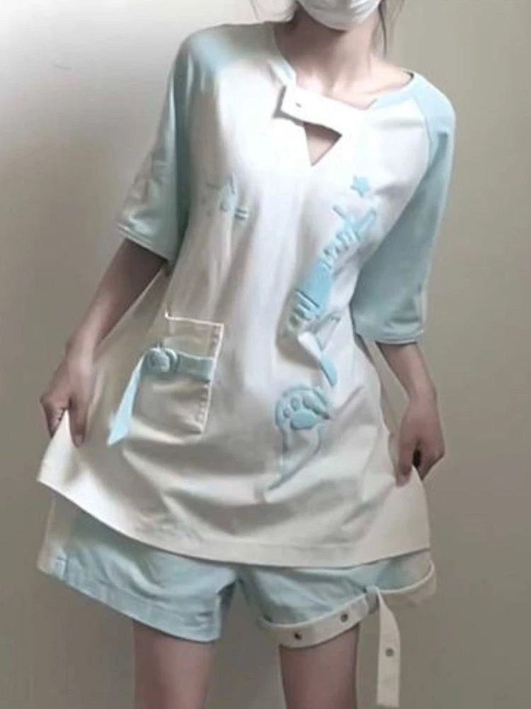 Kawii لطيف الكرتون المطبوعة تيز المرأة طويلة الأكمام هوديي المرأة الخريف فضفاض الأزرق اللون سترة القمم 2025 موضة جديدة معطف الإناث