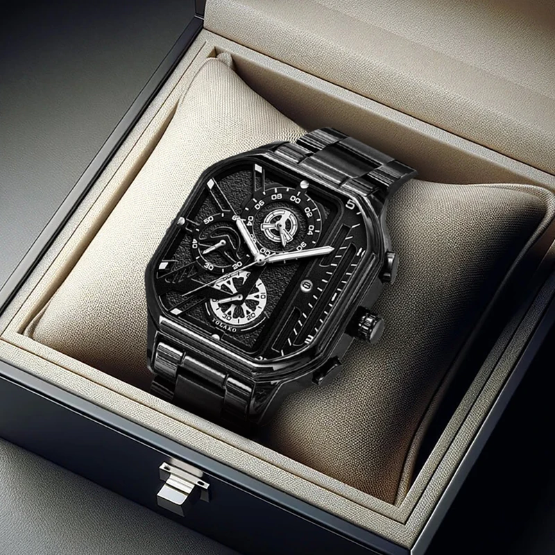 

A men's fashion casual three-eye unique cool stylish personality black case black dial quartz watch