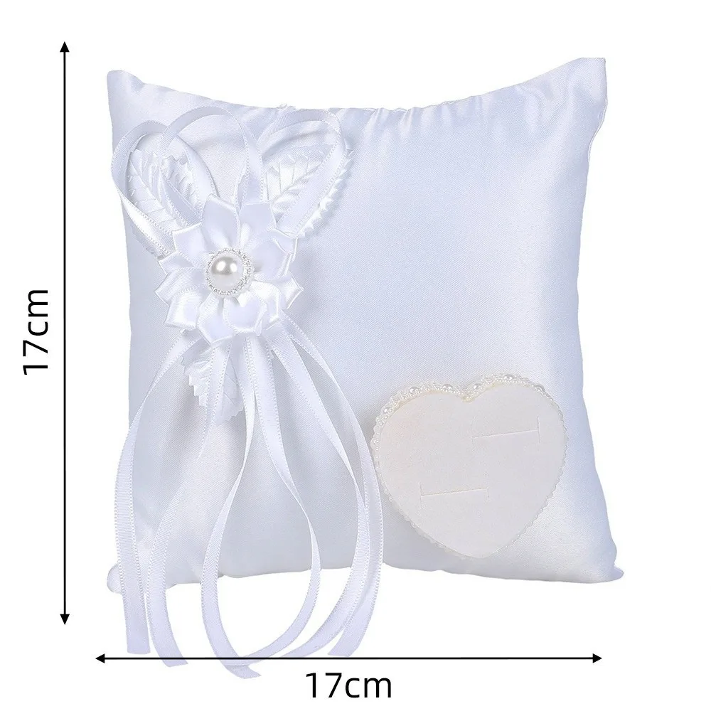 Polyester Wedding Ring Pillow Ribbon Decoration Heart Shaped Decor Bridal Ring Cushion Camellia Detail Handmade