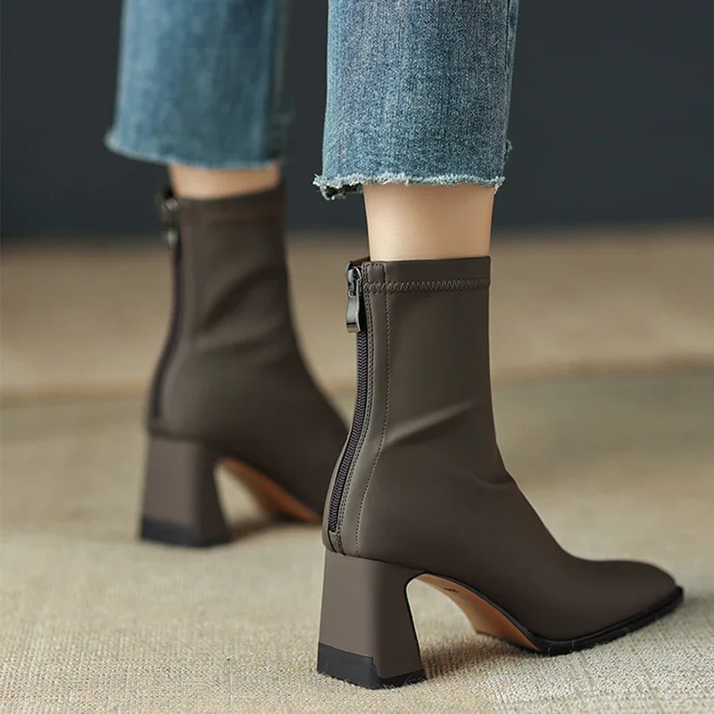 Women Ankle Boots Fashion Square Toe High Heels Back Zipper Short Boots Square Heel Elegant Female Winter Warm Plush Shoes