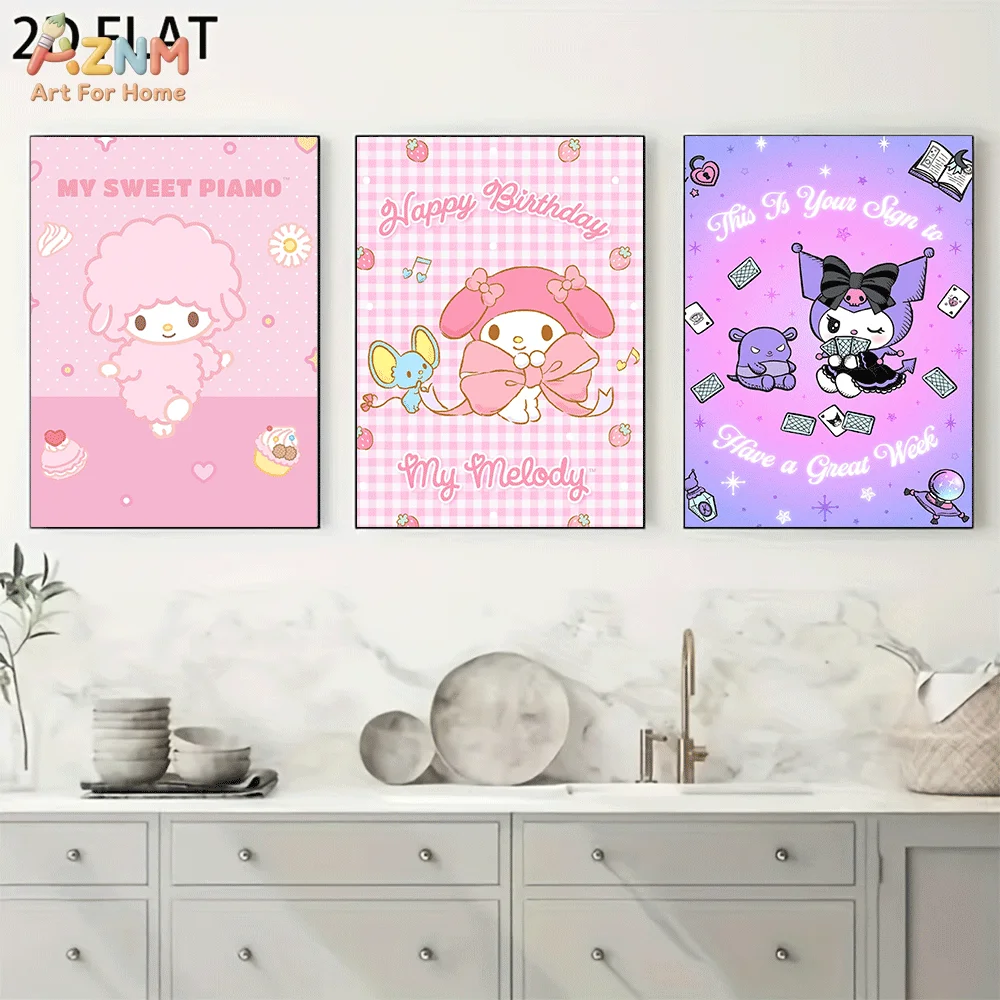 AZNM My Sweet Piano My Melody Kuromi Frameless Canvas Wall Art, Birthday Plaid Magic Cartoon Poster, Kawaii 2D Flat Print for Ho