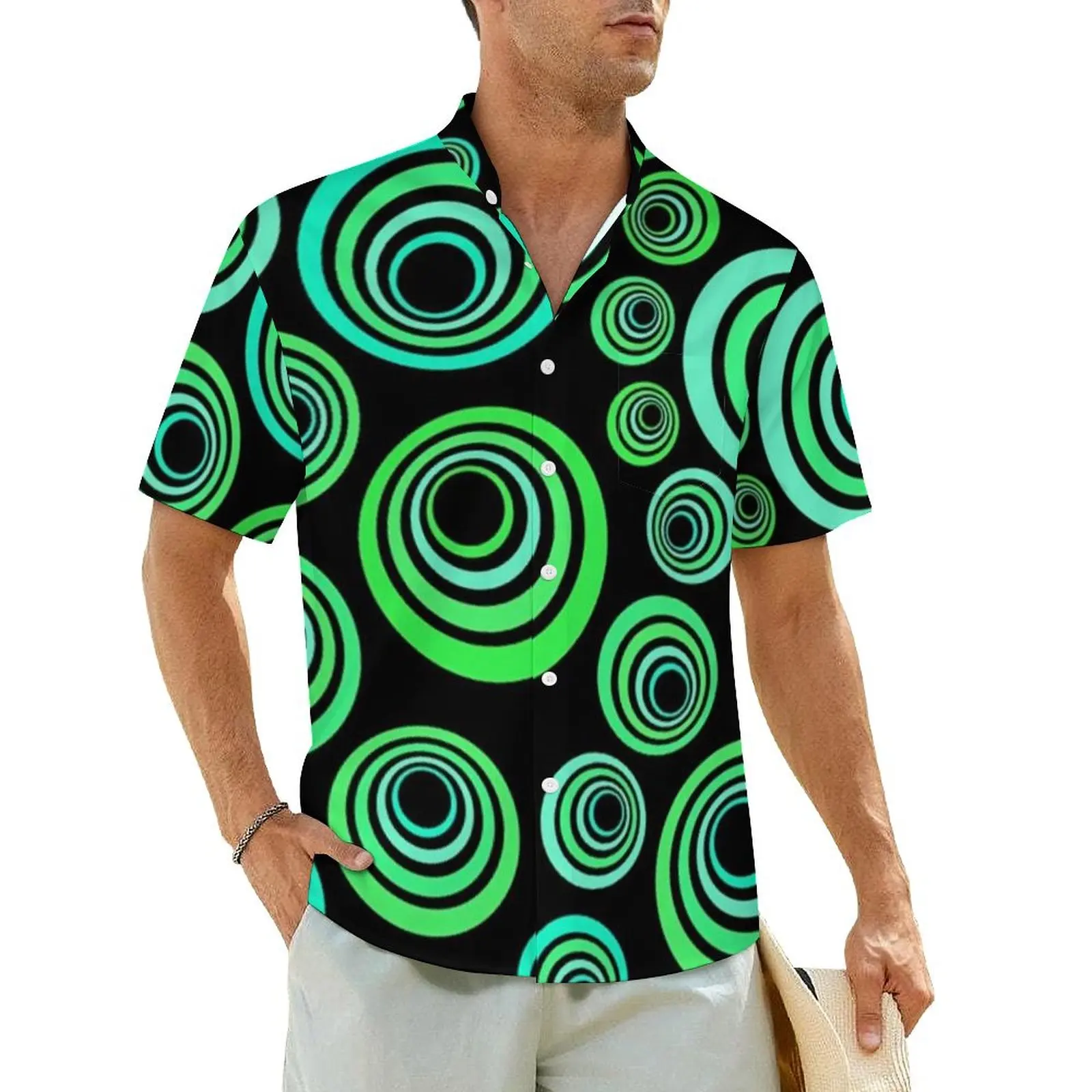 

Blue And Green Circles Vacation Shirt Men 60S and 70S Pop Art Novelty Casual Shirts Hawaiian Harajuku Design Oversized Blouses