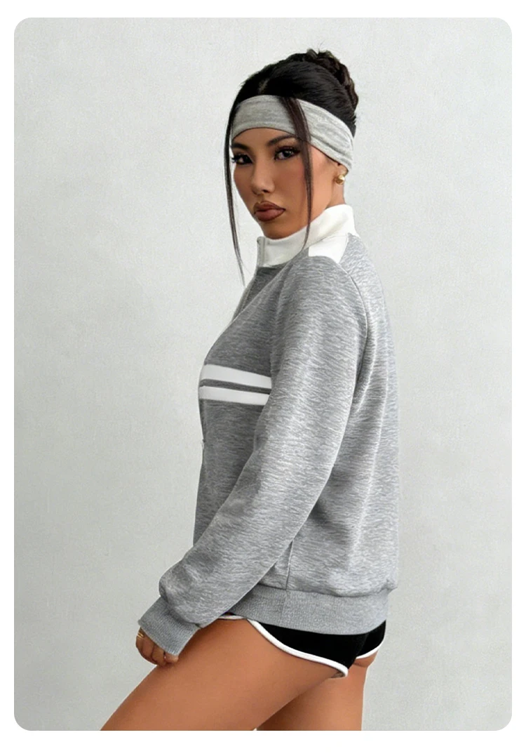 Women's Casual Zip Up Sweatshirt Grey Striped Long Sleeve Stand Collar Jacket Loose Fit Lightweight Outerwear for Daily Wear image 4