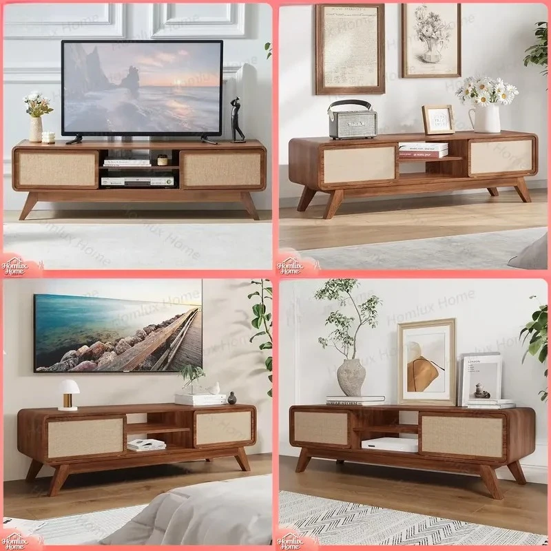 European Style Rattan TV Cabinet with Curved Corners Open Storage Anti Collision Design Wooden Living Room TV Stand Modern