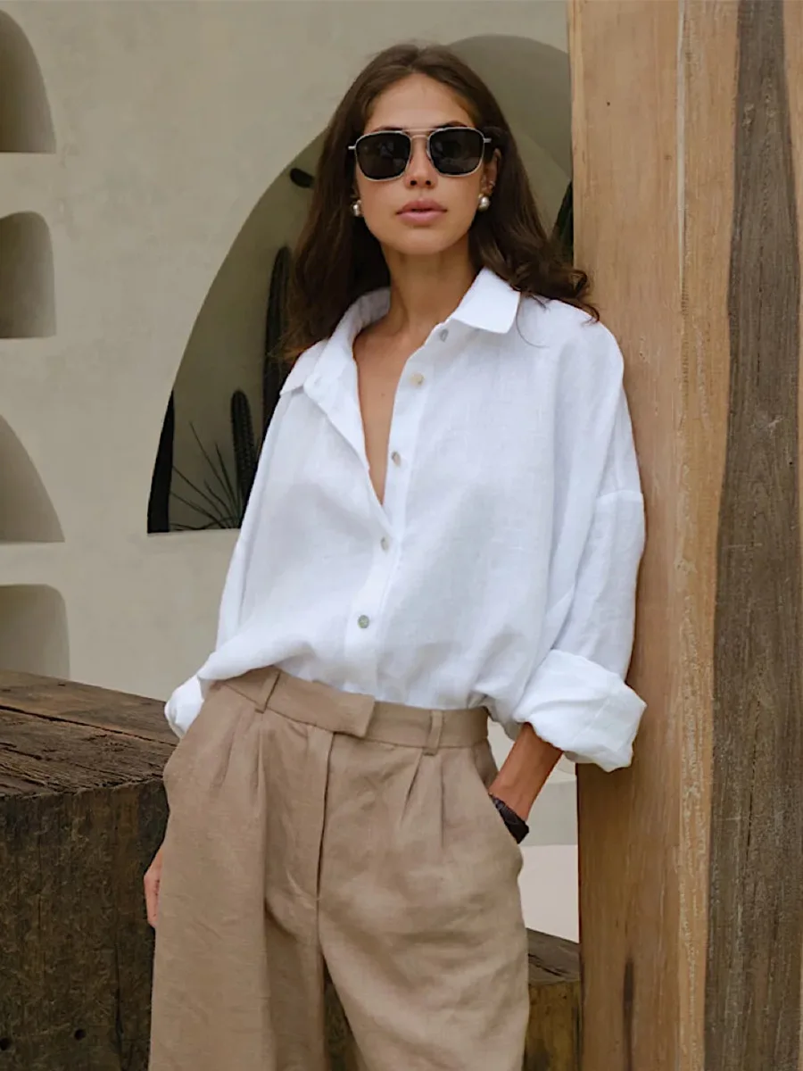 

Cotton Button-Down Shirt Women Summer Korean Fashion Long Sleeve Loose Shirts Blouses Lady Elegant Casual Tops Streetwear 2025