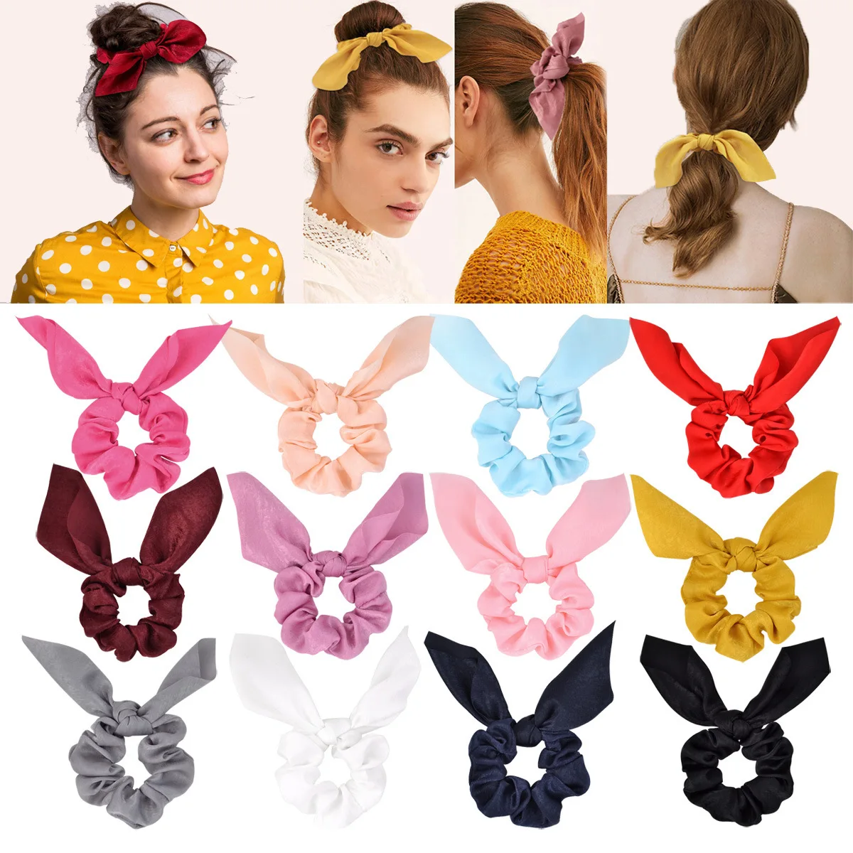 

10PCS Women Hair Scrunchies Chiffon Silk Bow Elastic Hair Ties Solid Color Rabbit Ear Ponytail Holders Bowknot Hair Accessories
