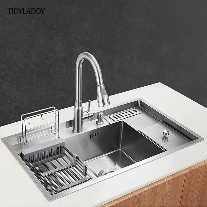 Stainless Steel Kitchen Sink with Trash Can Multi -Function Household Large Single Slot with Knife Holde and Storage Rack