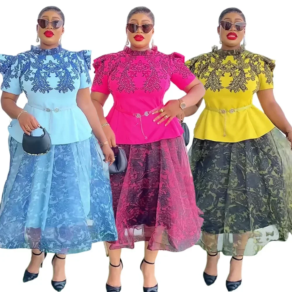 الملابس الأفريقية للنساء 2 قطعة مجموعات بلوزات وتنانير الدعاوى Dashiki أنقرة وتتسابق ثوب حجم كبير فساتين حفلات الزفاف 2025 #2