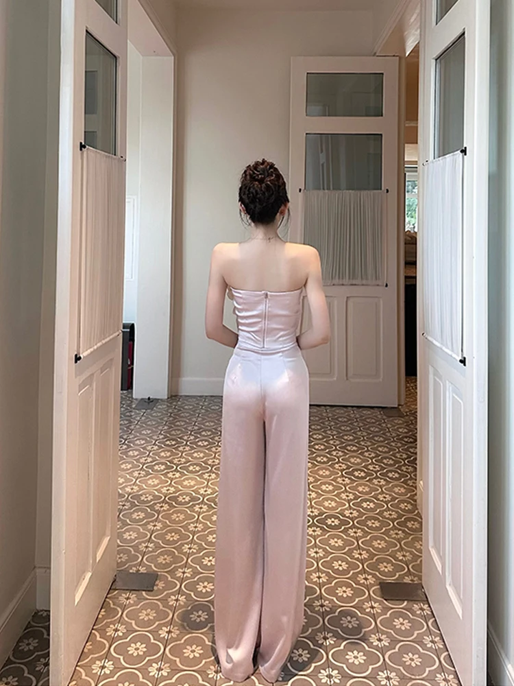 High street Satin strapless top and High waist Straight pants 2025 Summer Texture 2 Piece set Floral Pearl tube tops INKEO 5B007