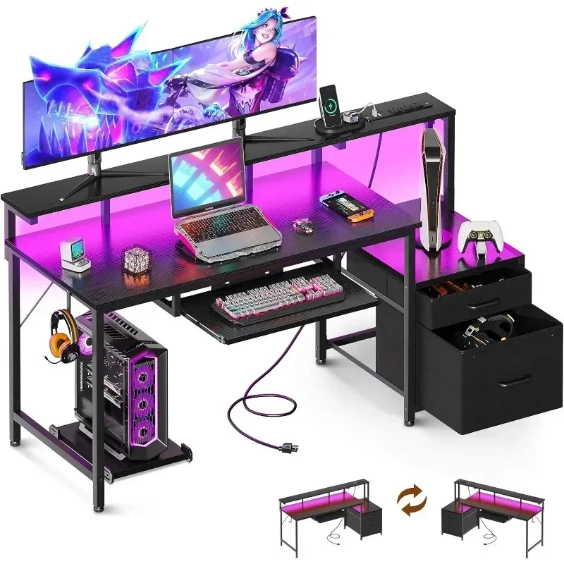 

For 55 Inch Computer Desk with Power Outlets and LED Light, Reversible Office Desk with File Cabinet & Drawer, Gaming Desk with
