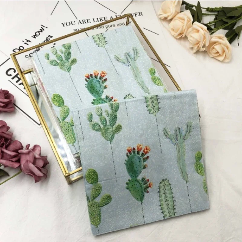 20pcs/Pac 33cm Colorful Printed Napkins Cactus Floral Square Paper Napkin Party Folded Mouth Cloth Wine Glass Flower Tissues