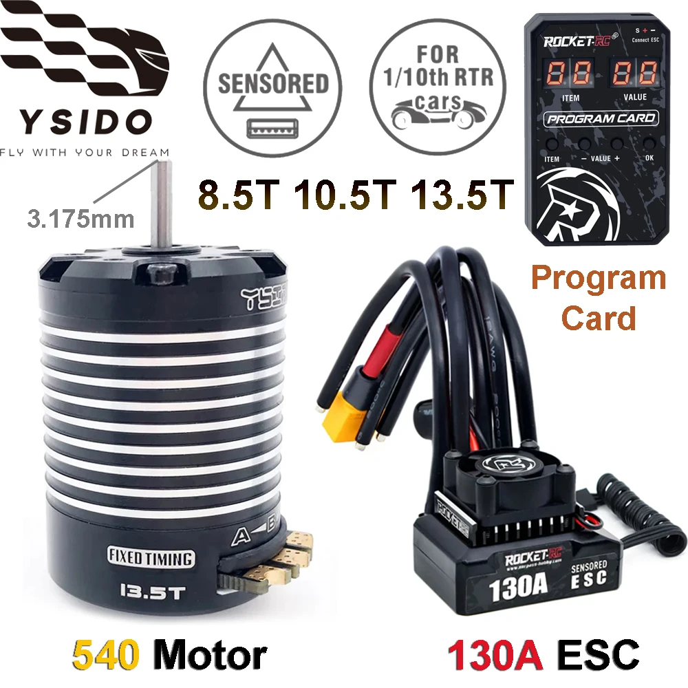 YSIDO 540 8.5T 10.5T 13.5T Motor 130A ESC Sensored Brushless Combo W/Programe Card for 1/10 1/12 RC Drift Car 380/390/540 Motor
