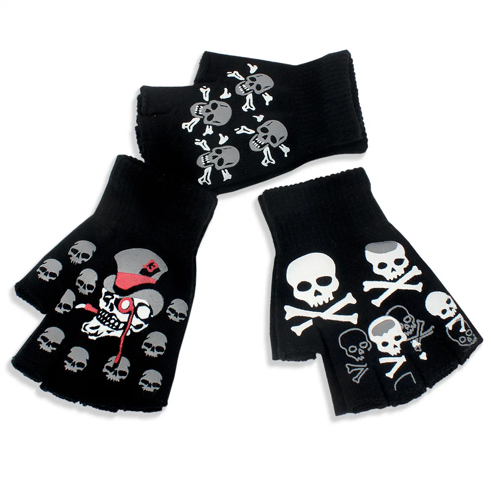 

skeleton gloves Halloween Skeleton Skull Half Finger Luminous Punk Gloves Winter Skull Fingerless Black Mitten