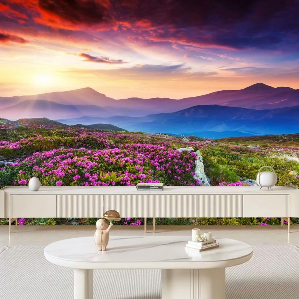Mountain wildflower field at sunset, gorgeous evening glow, background wall for living room and bedroom, self-adhesive material.