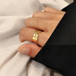 Peri'sBox Gold Color Wide Thin Irregular Rings Foil Shiny Geometric Rings for Women Minimalist Textured Ring 2020 New Jewelry