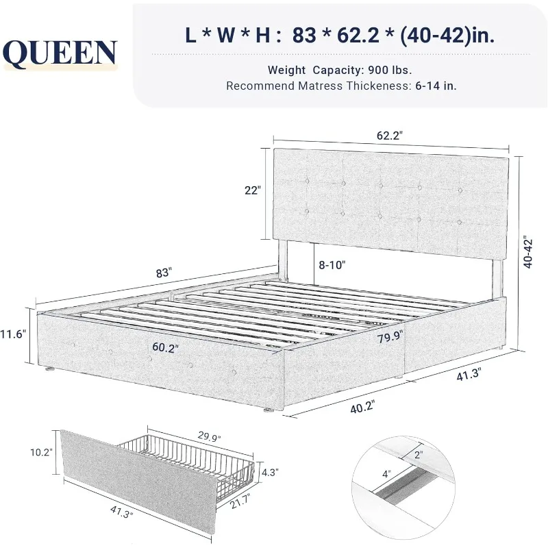 Platform bed frame with 4 storage drawers and headboard, mattress base with wooden slats, no box spring required