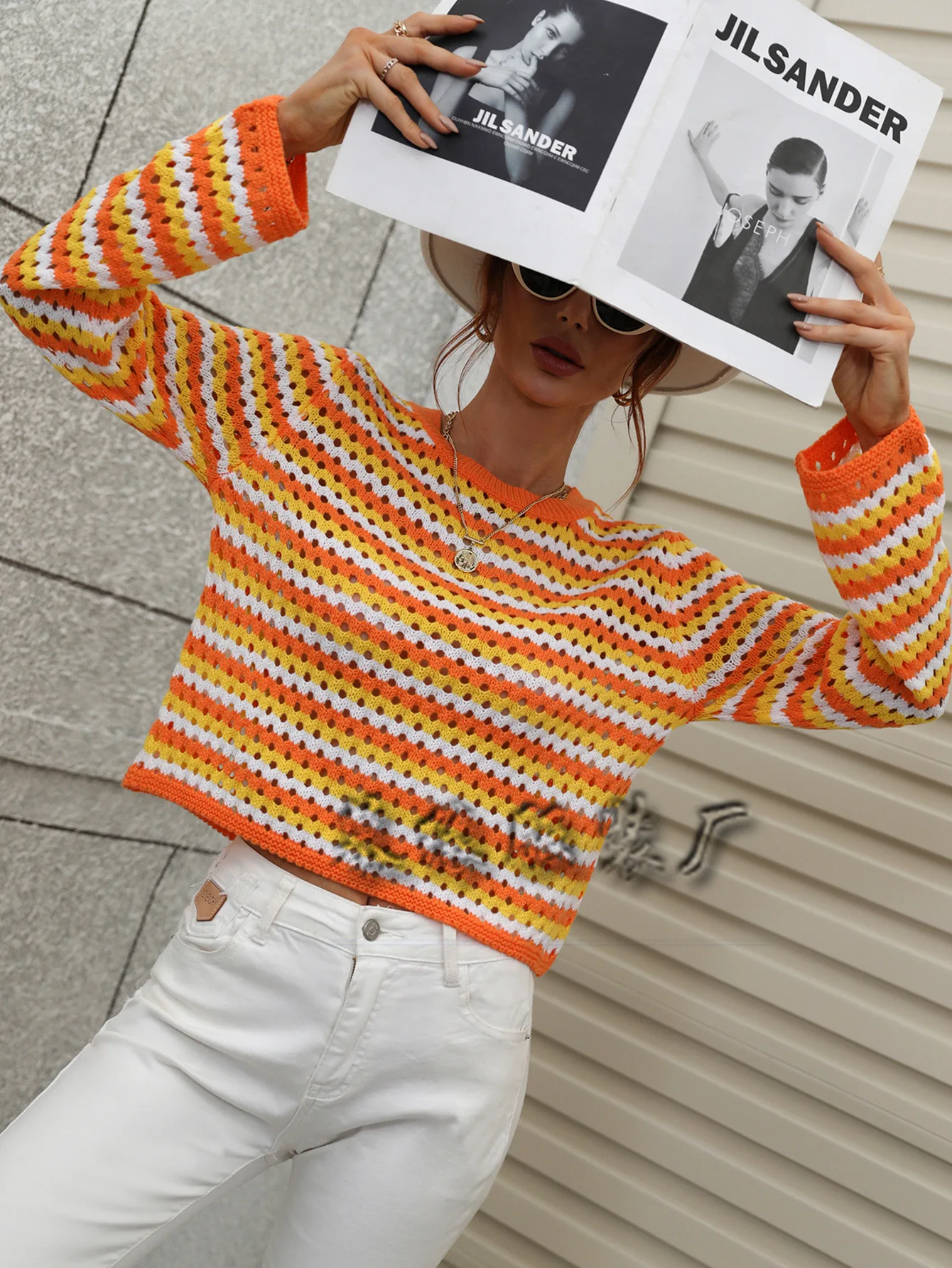 

Autumn Winter Women's round Ne Knitted Sweater Striped Overhead Alternate Color Long Sve Faionable Casual Top