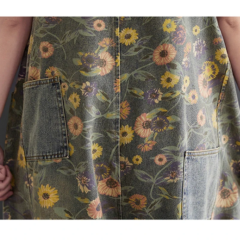 Casual Print Floral Plus Size Denim Jumpsuits Women Loose Wide Leg Straps Baggy Pants Woman Dungarees Streetwear Jeans Overalls image 5