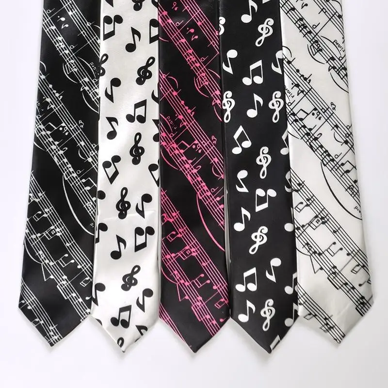 Unisex Narrow Necktie Soft Silky Music Notes Printed Piano Guitar Pattern Tie for Wedding Guest