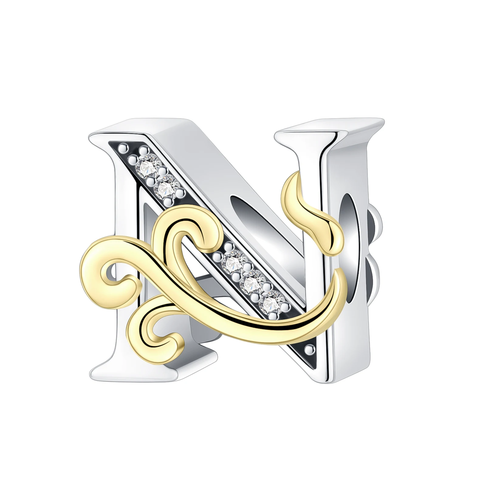 925 Sterling Silver Letter N Diamond Gold Beads Charm Fit Original Pandora Charms Bracelets Women DIY Jewelry Gift