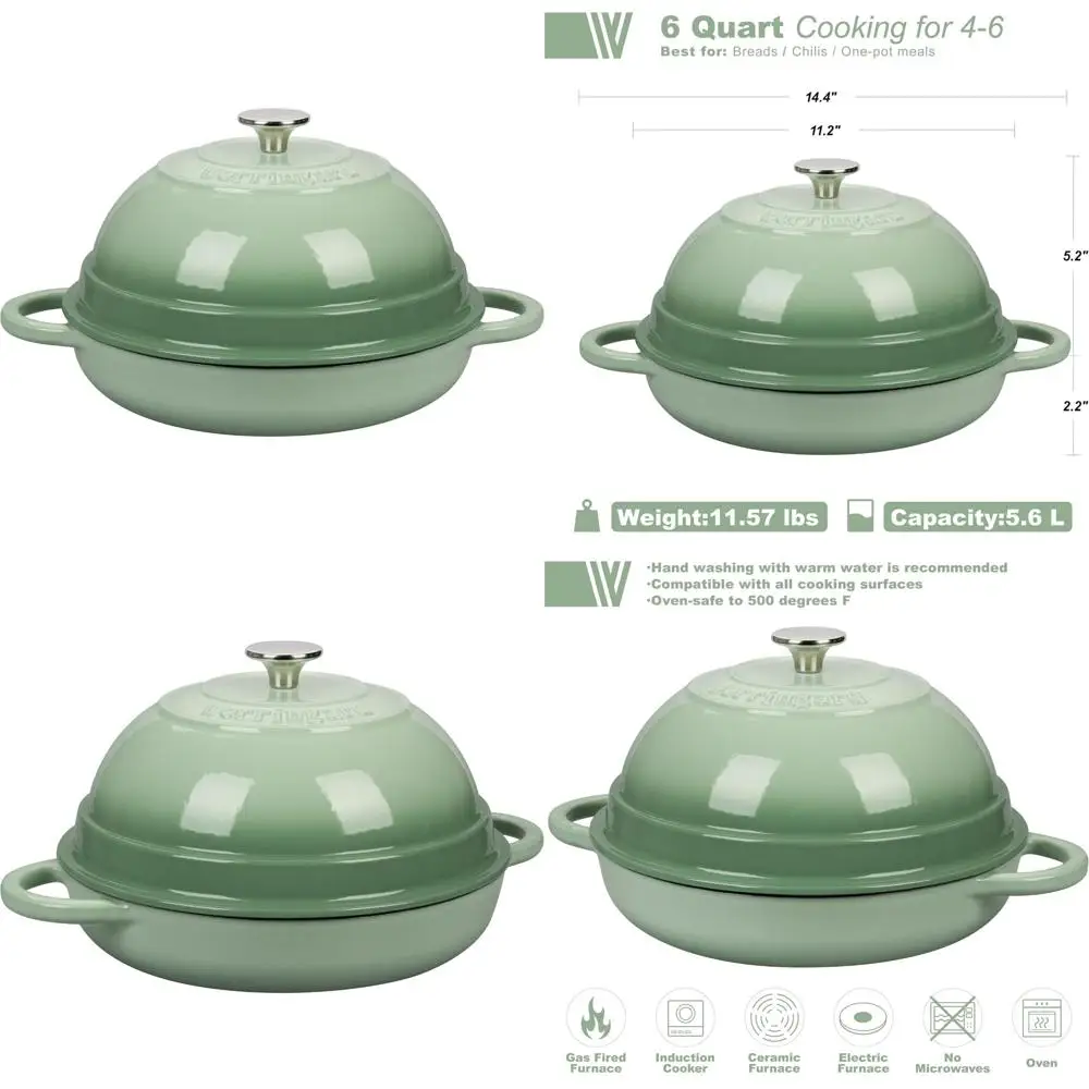 

Enameled Cast Iron Dutch Oven Pot with Lid, 6 Quart, Green, Perfect for Bread Baking and Oven Use