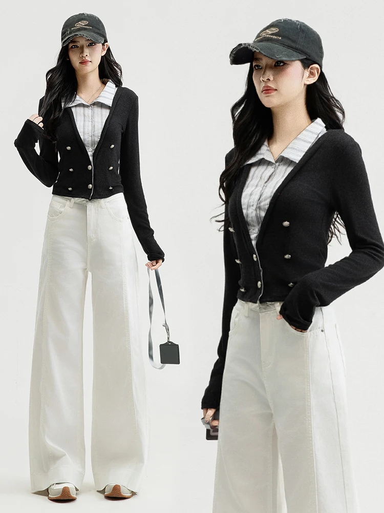 American High Street Style High Waist Wide Leg Denim Pants Women's New Three-Proof Loose Slimming Drapey Straight Floor-Lengt...
