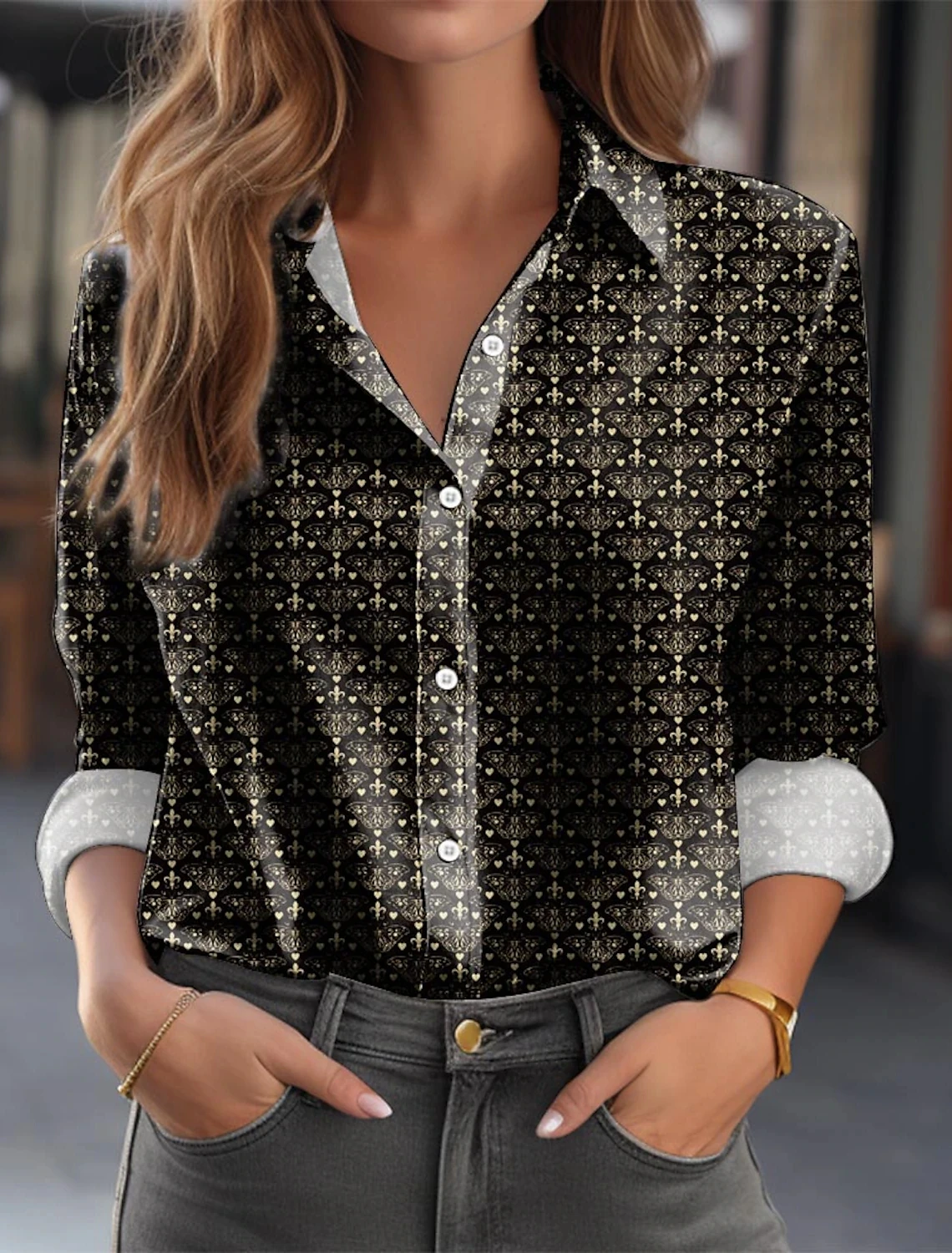 Office Women\'s Elegant Shirt Women Fashion Button Lapel Shirt Vintage Black Gold Butterfly Print Long Sleeve Shirt Ladies Tops