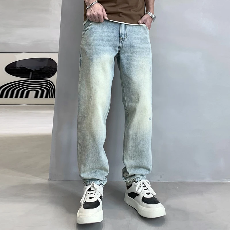 

American vintage yellow clay dye washed jeans men's tide loose hundred high street tapered pants 2024 fall new